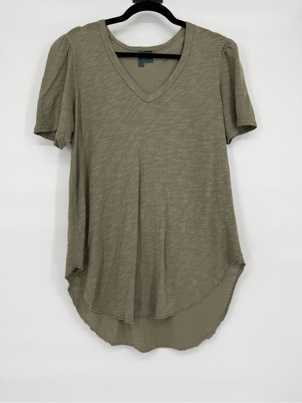 Left Of Center Larg Puff Sleeve V Neck Hi Low Raw Hem Slub Cotton Boho Tunic Top